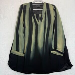 Q NEEL Sheer‎ Blouse Olive Green Black Abstract Print Long Sleeve Size L